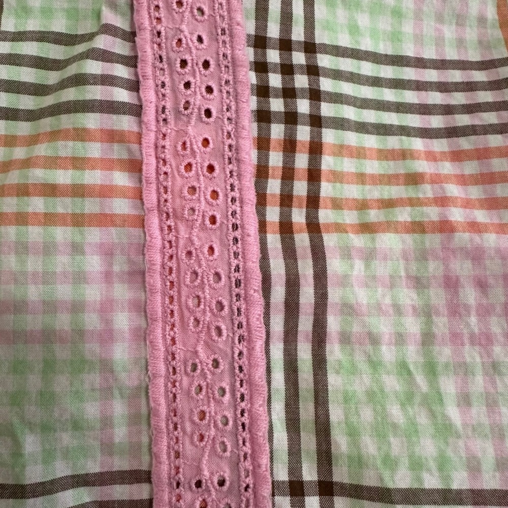 Lands End 1X‎ Plaid Tunic Top Long Sleeve Pink Lace Trim Button Keyhole Prairie - Picture 5 of 8